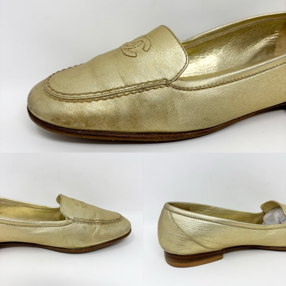 Chanel Vintage CC Golden Leather Loafers Gold Logo Flats EU 37 - Picture 13 of 16